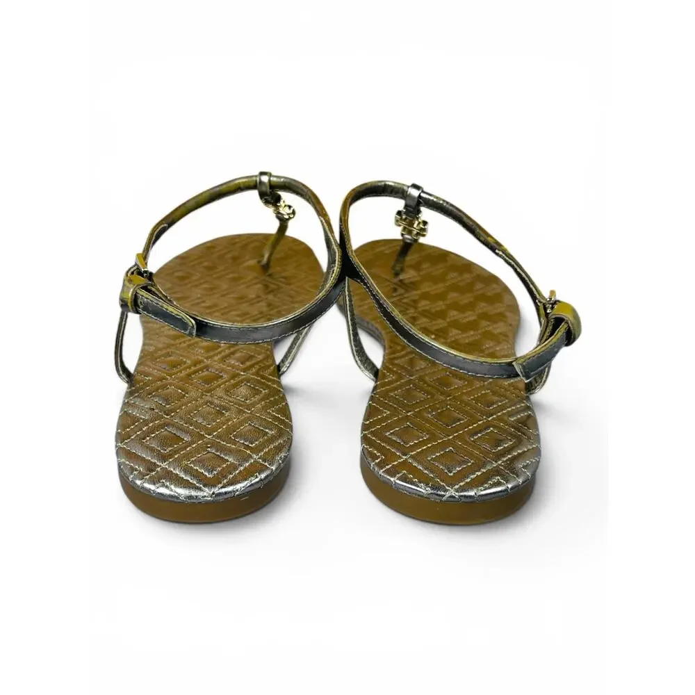 Tory Burch Marion Gold Metallic Quilted Leather Thong Sandals Logo Charm 9
